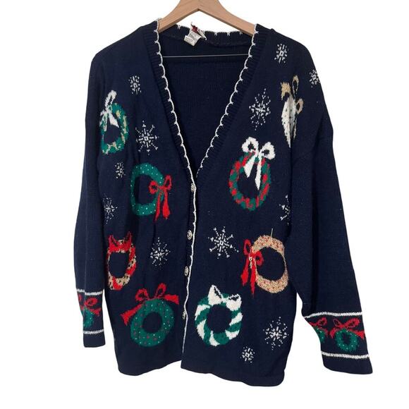 Nutcracker Knitted Button Down Women's Large Wreath Sweater - Picture 1 of 9